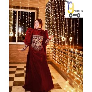 Rg Shop Maxi Sleaves Bunch Embroidery Border Work Dupatta 3-Pcs Suit.-Red
