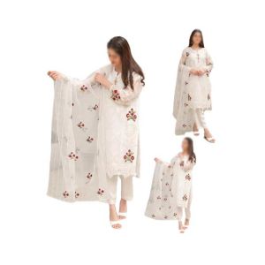 ZamZam 3pc Flower Embroidery Dress For women-White
