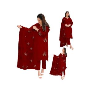 ZamZam 3pc Flower Embroidery Dress For women-Red