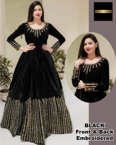 iShopping - Pista Collection 2Pcs Neck Sleeves Embroidered Maxi-Black