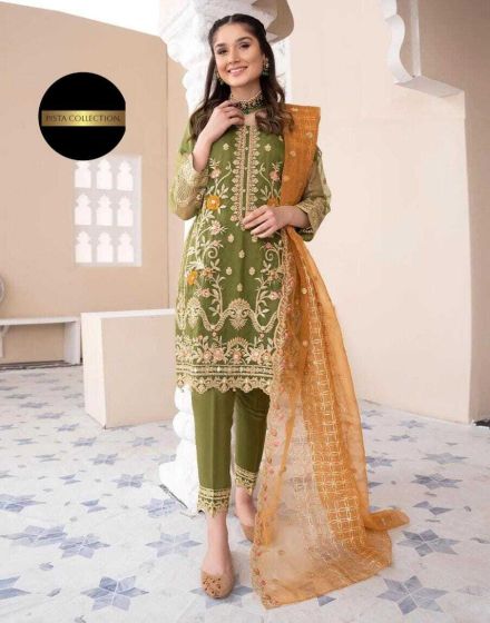 iShopping - Pista Collection 3pcs Heavy Embroidered Shirt Trouser Embroidered Dupatta-Green