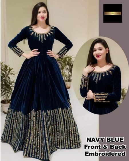 iShopping - Pista Collection 2Pcs Neck Sleeves Embroidered Maxi-Navy Blue